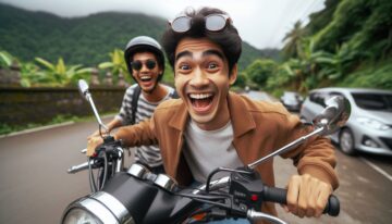 Indonesian man trying and renting a motorcycle.